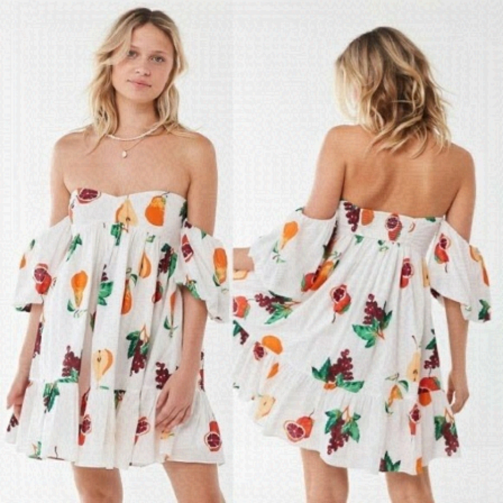 RARE Urban Outfitters White Fruit Off Shoulder Puff Sleeve Babydoll Mini Dress
